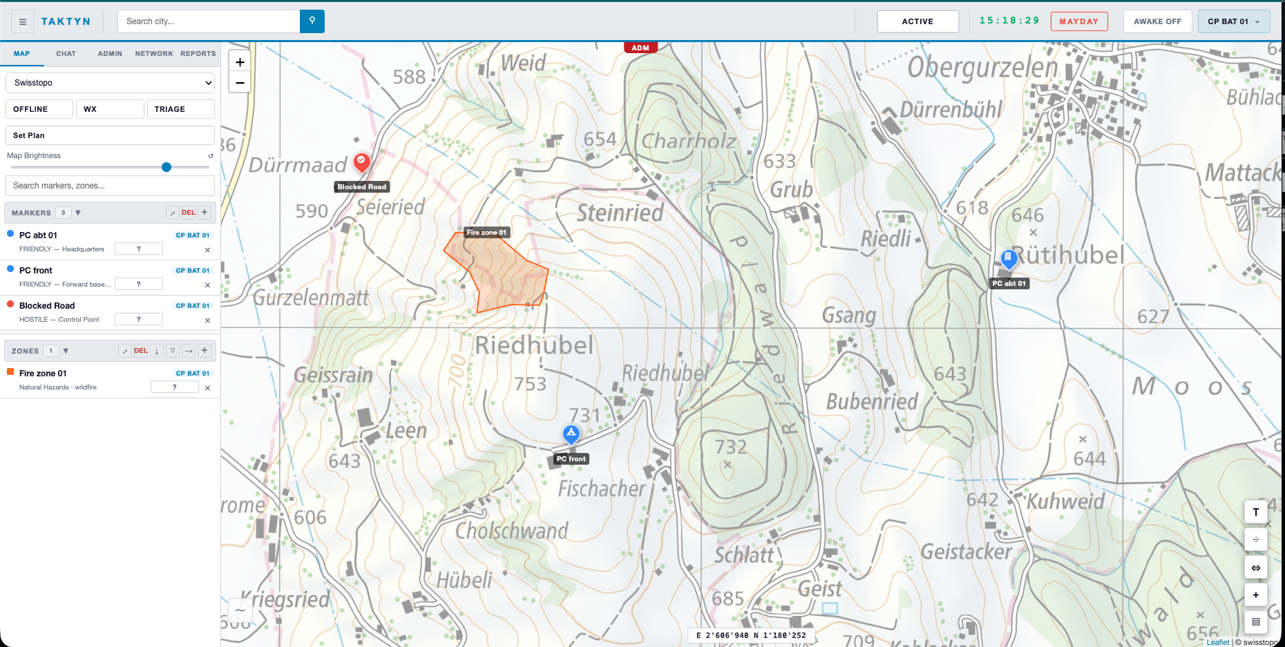 Carte tactique TAKTYN avec marqueurs, zone d'incident et bouton MAYDAY